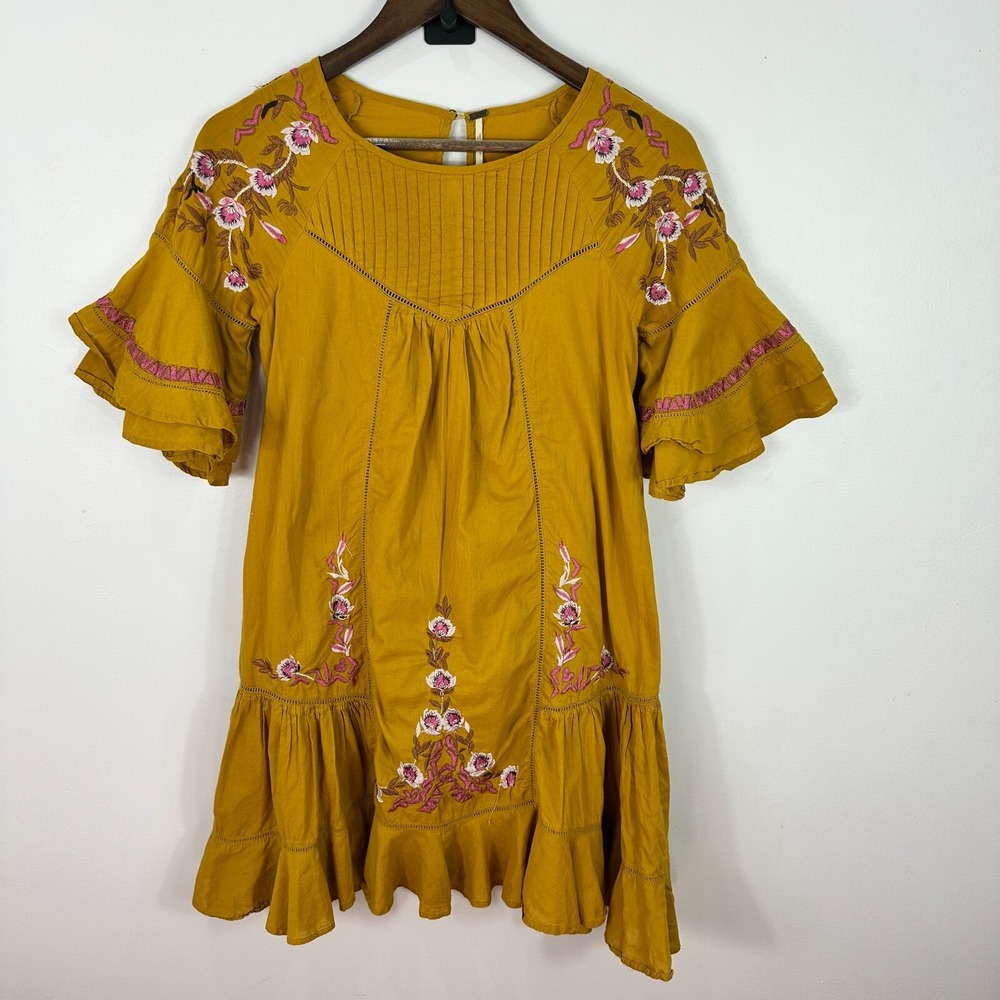 Free People Mini Dress XS Mustard Yellow Boho Embroidered Ruffle Hippie Festival